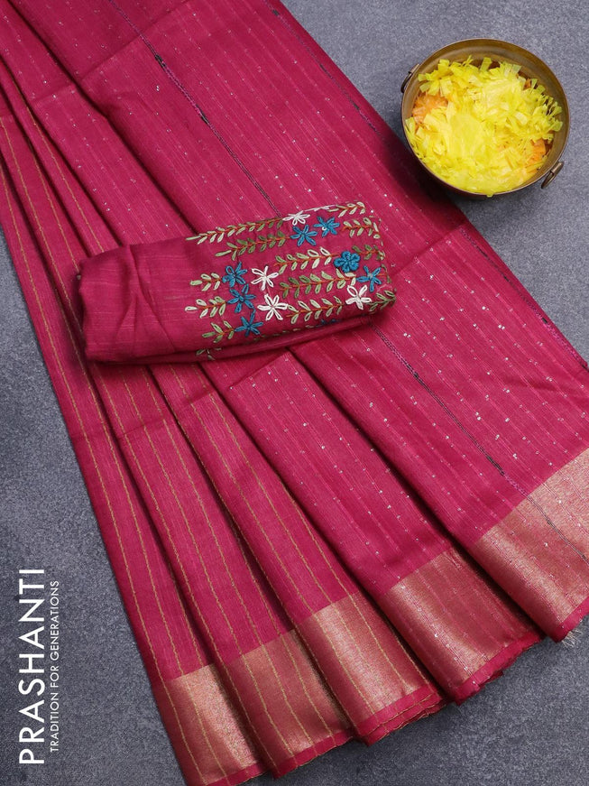 Semi tussar saree magenta pink with allover stripes pattern and seperate embroidery work blouse - {{ collection.title }} by Prashanti Sarees