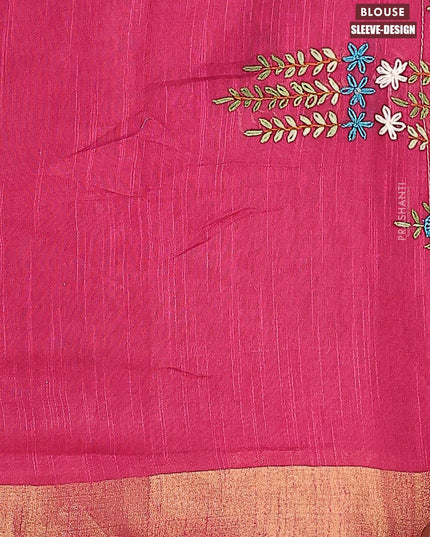 Semi tussar saree magenta pink with allover stripes pattern and seperate embroidery work blouse - {{ collection.title }} by Prashanti Sarees