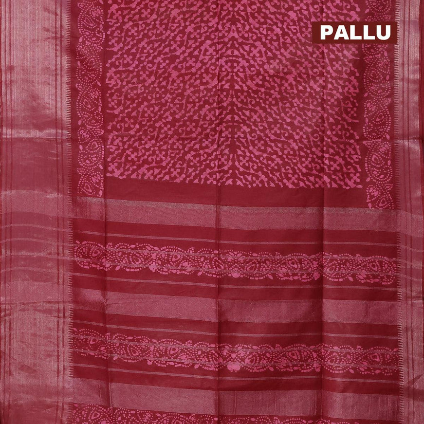 Semi tussar saree maroon with allover batik prints and silver zari woven kanjivaram style border - {{ collection.title }} by Prashanti Sarees