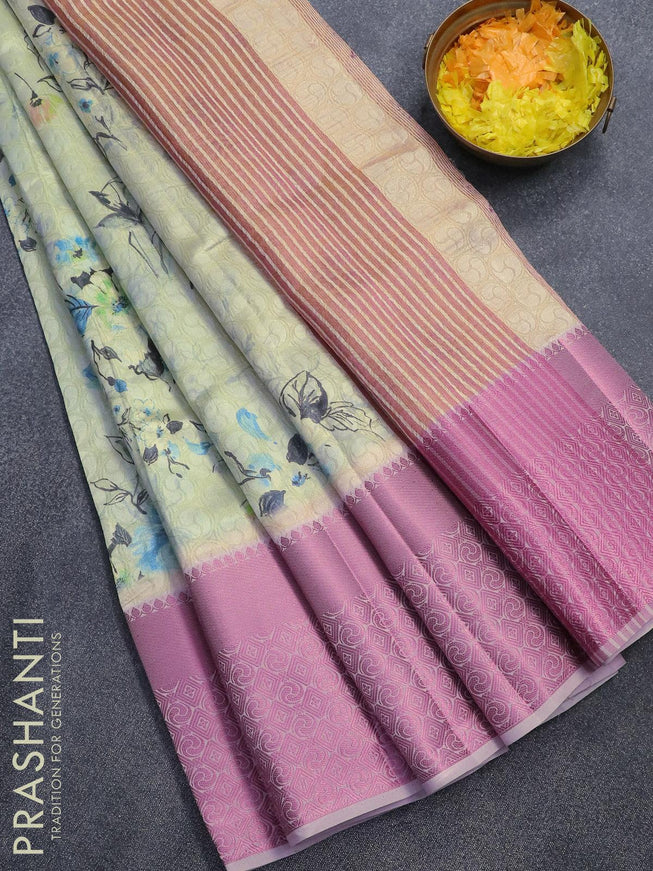 Semi tussar saree mild pista green and baby pink with allover self emboss & floral digital prints and pink zari woven border - {{ collection.title }} by Prashanti Sarees