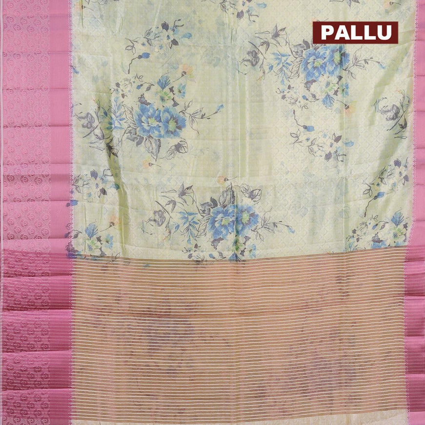 Semi tussar saree mild pista green and baby pink with allover self emboss & floral digital prints and pink zari woven border - {{ collection.title }} by Prashanti Sarees