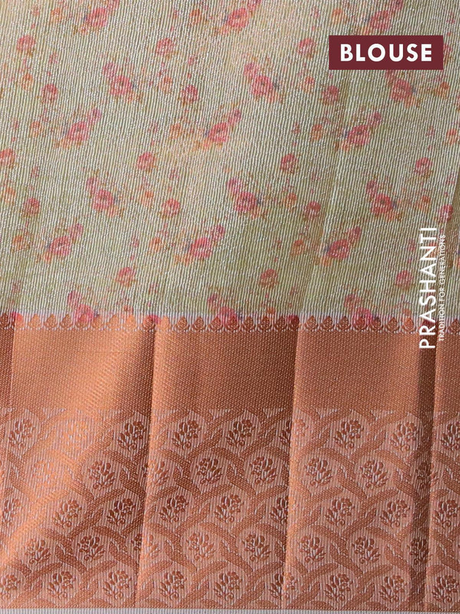 Semi tussar saree mild pista green and pastel pink with allover self emboss & floral digital prints and copper zari woven border - {{ collection.title }} by Prashanti Sarees