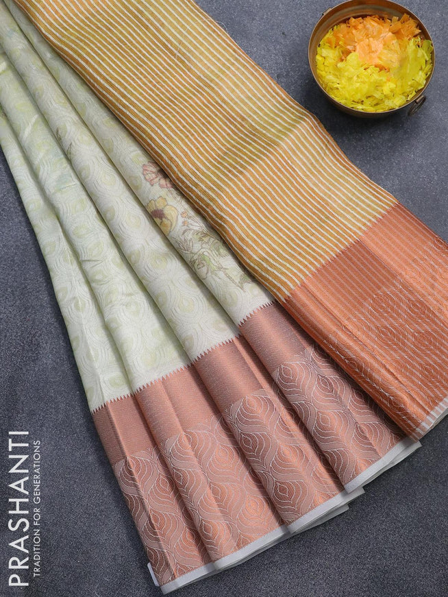 Semi tussar saree mild pista green with allover self emboss & floral digital prints and copper zari woven border - {{ collection.title }} by Prashanti Sarees