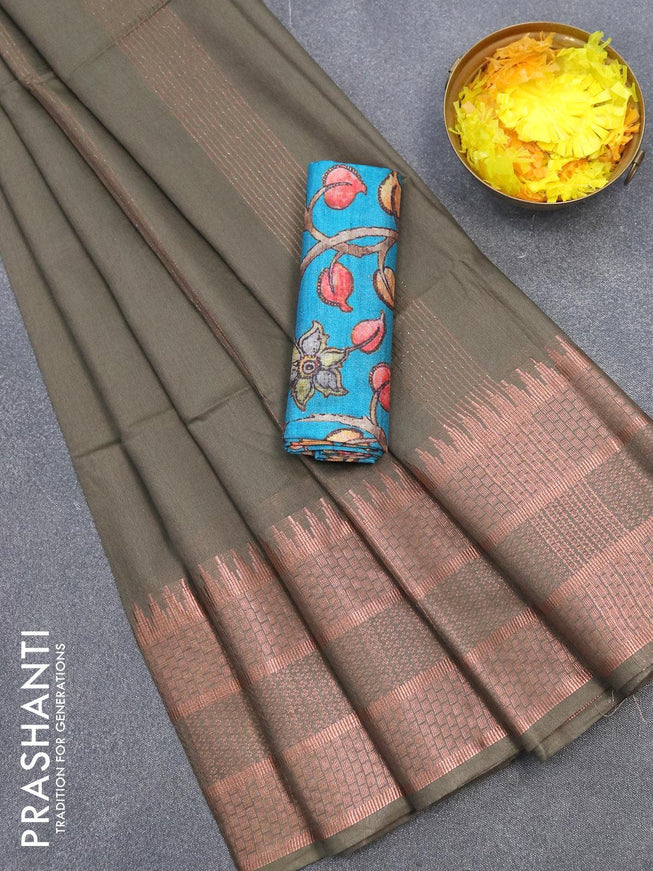 Semi tussar saree military green with plain body and long copper zari woven border & kalamkari printed blouse - {{ collection.title }} by Prashanti Sarees