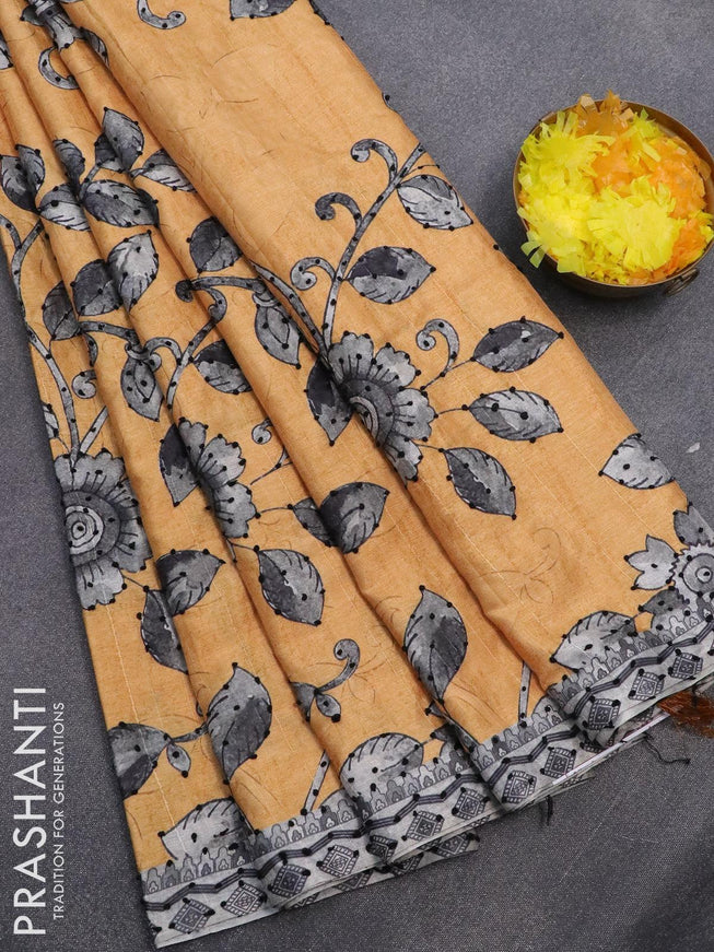 Semi tussar saree mustard yellow and grey with kalamkari prints & french knot work and printed border - {{ collection.title }} by Prashanti Sarees