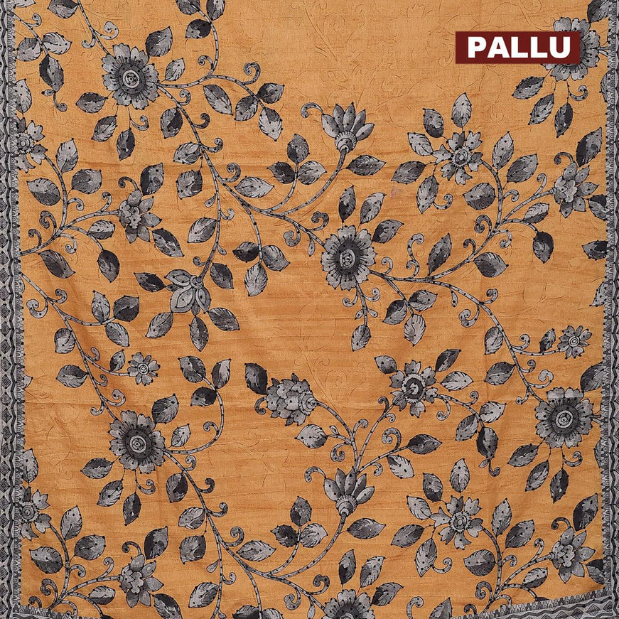 Semi tussar saree mustard yellow and grey with kalamkari prints & french knot work and printed border - {{ collection.title }} by Prashanti Sarees