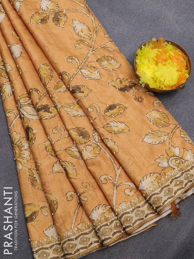 Semi tussar saree mustard yellow and sandal with kalamkari prints & french knot work and printed border - {{ collection.title }} by Prashanti Sarees