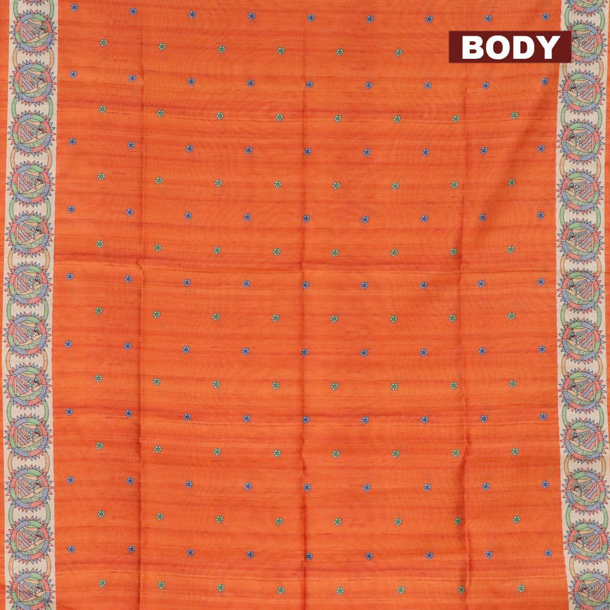 Semi tussar saree orange and beige with madhubani butta prints and madhubani printed border - {{ collection.title }} by Prashanti Sarees