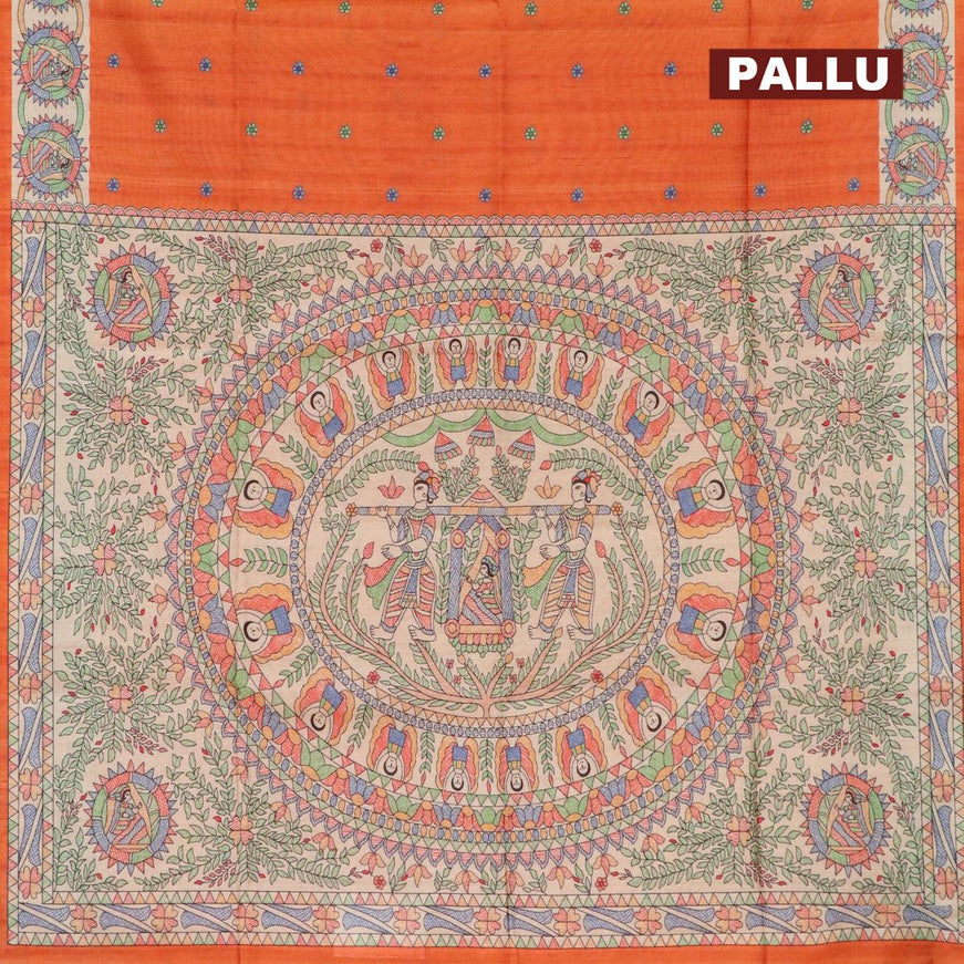 Semi tussar saree orange and beige with madhubani butta prints and madhubani printed border - {{ collection.title }} by Prashanti Sarees