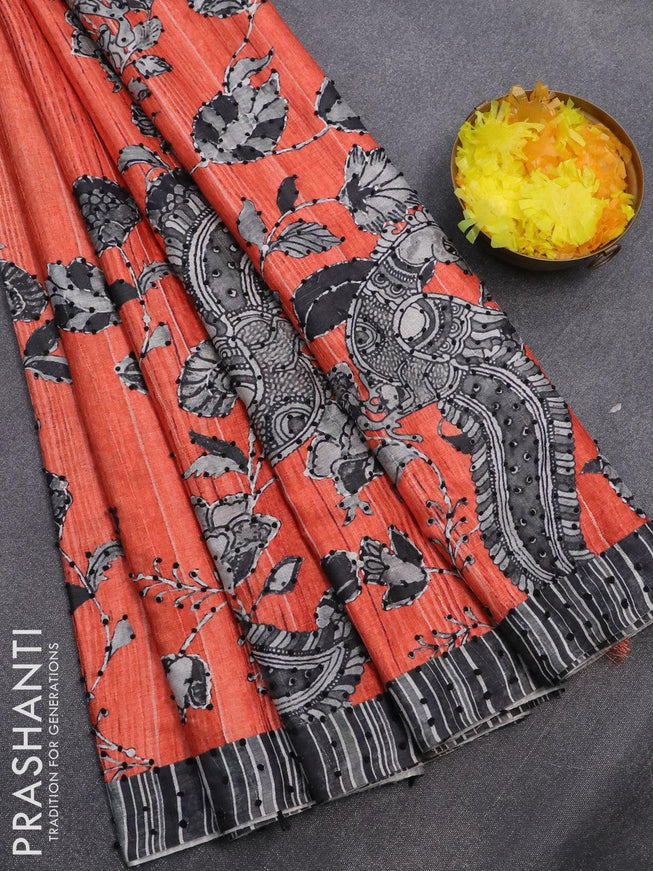 Semi tussar saree orange and grey with kalamkari prints & french knot work and simple border - {{ collection.title }} by Prashanti Sarees