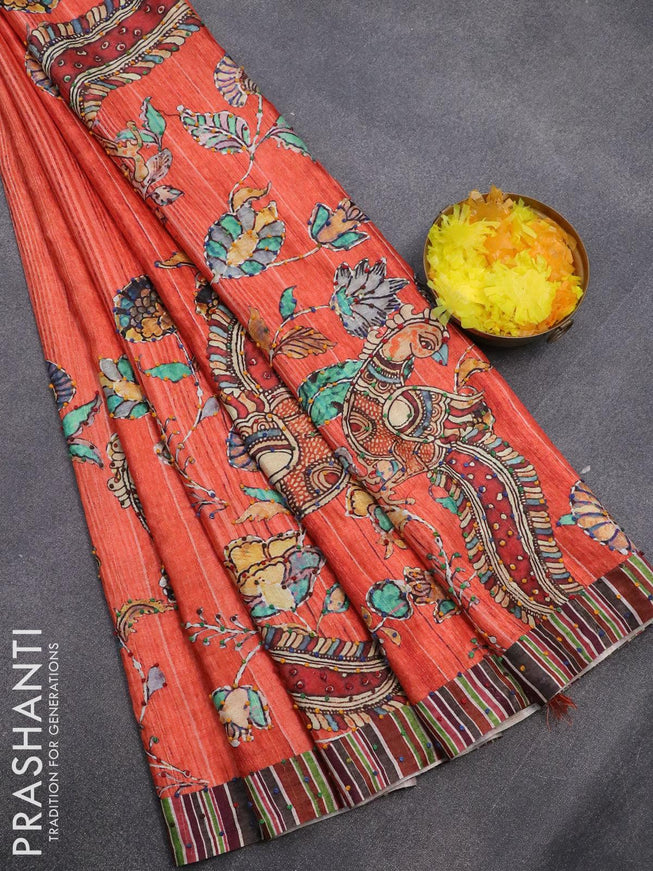 Semi tussar saree orange with kalamkari prints & french knot work and simple border - {{ collection.title }} by Prashanti Sarees