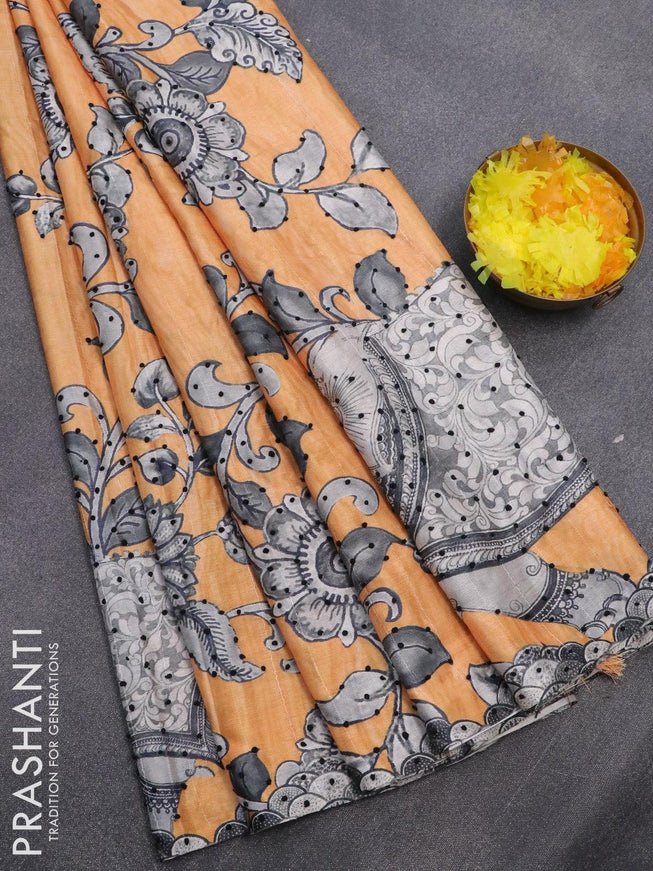 Semi tussar saree pale orange and grey with kalamkari prints & french knot work and printed border - {{ collection.title }} by Prashanti Sarees