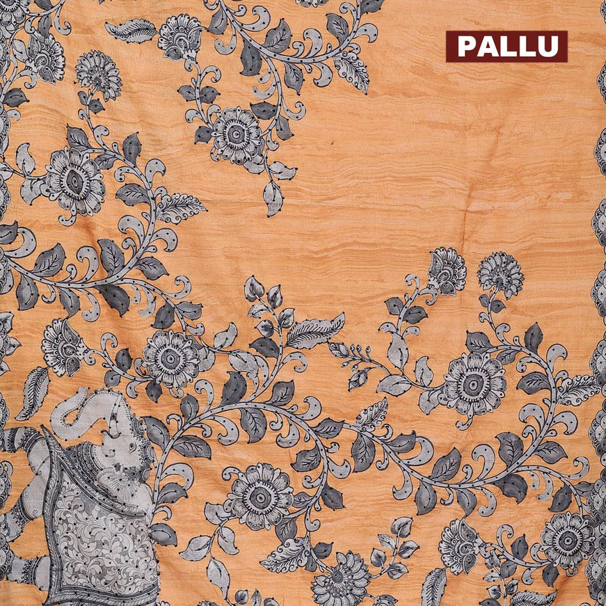 Semi tussar saree pale orange and grey with kalamkari prints & french knot work and printed border - {{ collection.title }} by Prashanti Sarees