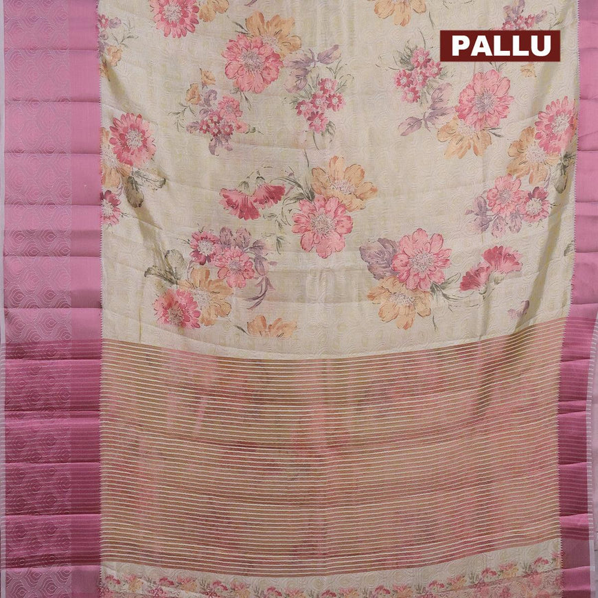 Semi tussar saree pale yellow and pastel grey with allover self emboss & floral digital prints and pink zari woven border - {{ collection.title }} by Prashanti Sarees
