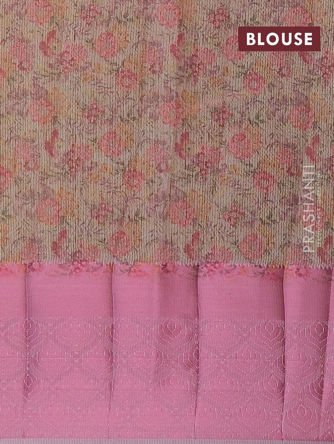 Semi tussar saree pale yellow and pastel grey with allover self emboss & floral digital prints and pink zari woven border - {{ collection.title }} by Prashanti Sarees