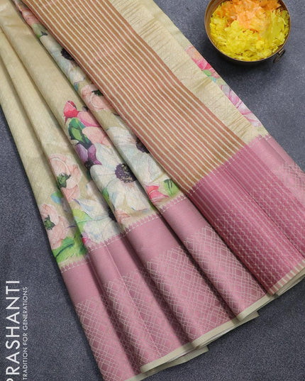Semi tussar saree pale yellow with allover self emboss & floral digital prints and pink zari woven border - {{ collection.title }} by Prashanti Sarees
