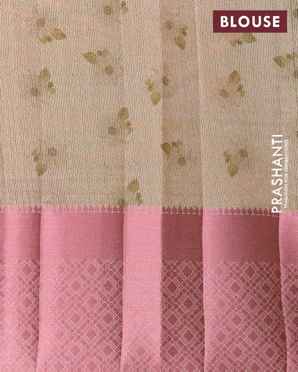 Semi tussar saree pale yellow with allover self emboss & floral digital prints and pink zari woven border - {{ collection.title }} by Prashanti Sarees