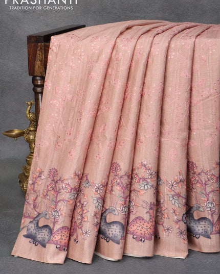 Semi tussar saree pastel brown with allover leaf & floral embroidery sequin work and digital printed border - {{ collection.title }} by Prashanti Sarees