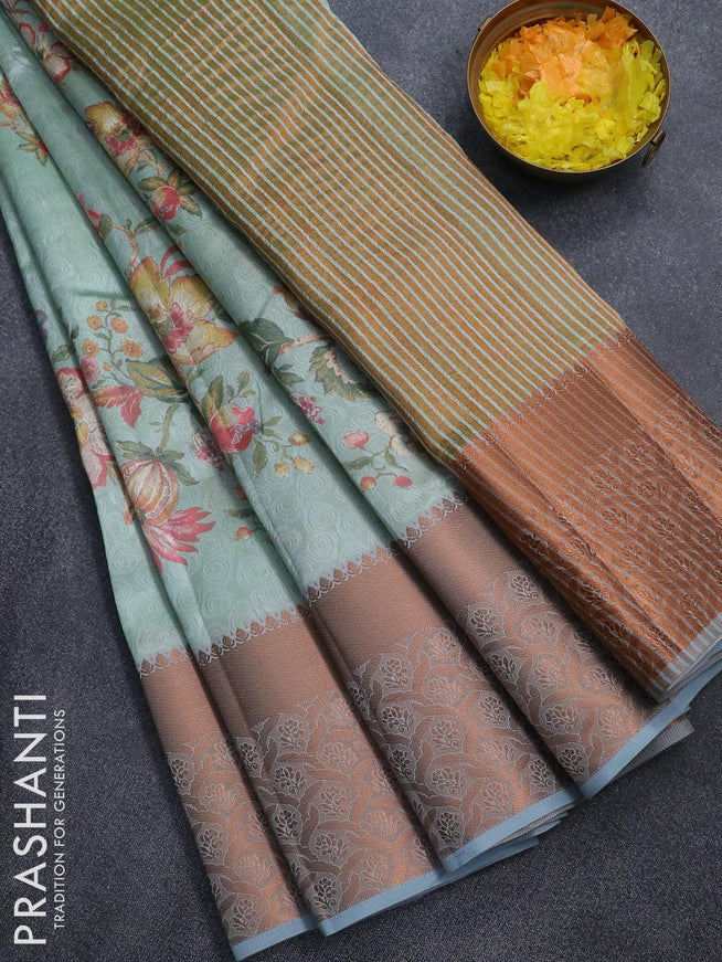 Semi tussar saree pastel green and pastel grey with allover self emboss & floral digital prints and copper zari woven border - {{ collection.title }} by Prashanti Sarees