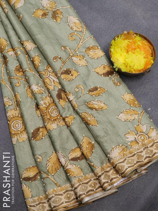 Semi tussar saree pastel green and sandal with kalamkari prints & french knot work and printed border - {{ collection.title }} by Prashanti Sarees