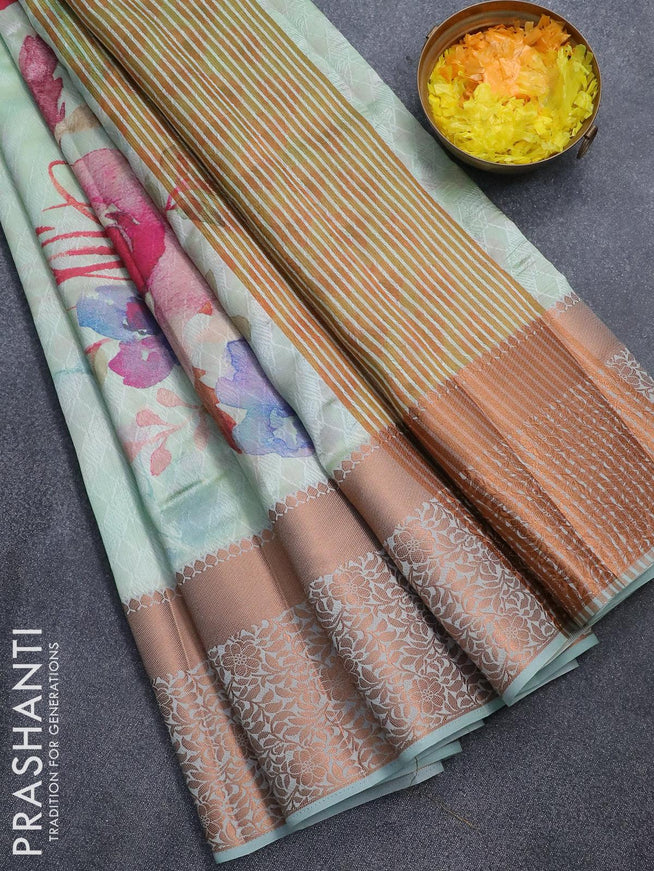 Semi tussar saree pastel green shade with allover self emboss & floral digital prints and long copper zari woven border - {{ collection.title }} by Prashanti Sarees