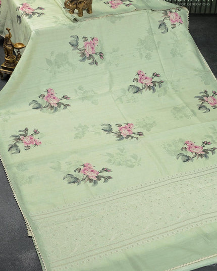 Semi tussar saree pastel green with allover floral digital prints and crocia lace work border - {{ collection.title }} by Prashanti Sarees