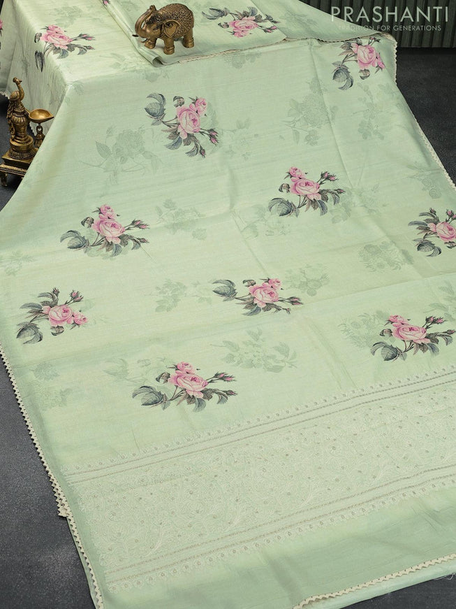 Semi tussar saree pastel green with allover floral digital prints and crocia lace work border - {{ collection.title }} by Prashanti Sarees