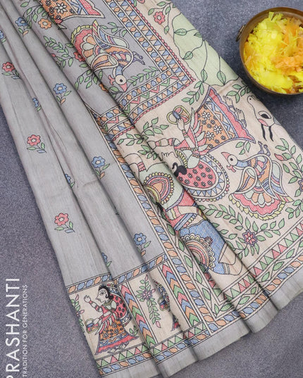 Semi tussar saree pastel grey and beige with madhubani butta prints and madhubani printed border - {{ collection.title }} by Prashanti Sarees