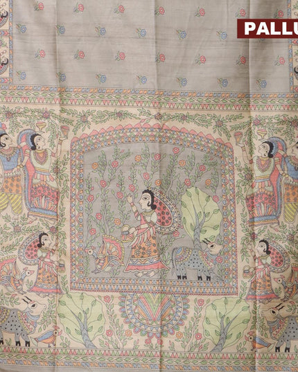 Semi tussar saree pastel grey and beige with madhubani butta prints and madhubani printed border - {{ collection.title }} by Prashanti Sarees