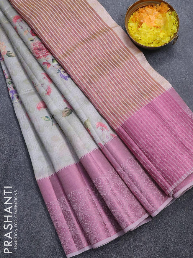 Semi tussar saree pastel grey and pastel pink with allover self emboss & floral digital prints and pink zari woven border - {{ collection.title }} by Prashanti Sarees
