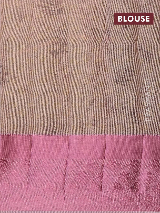 Semi tussar saree pastel grey and pastel pink with allover self emboss & floral digital prints and pink zari woven border - {{ collection.title }} by Prashanti Sarees