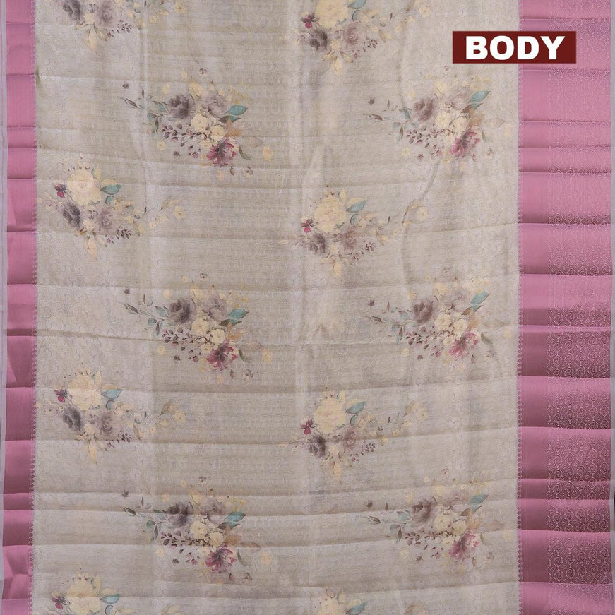 Semi tussar saree pastel grey shade with allover self emboss & floral digital prints and pink zari woven border - {{ collection.title }} by Prashanti Sarees