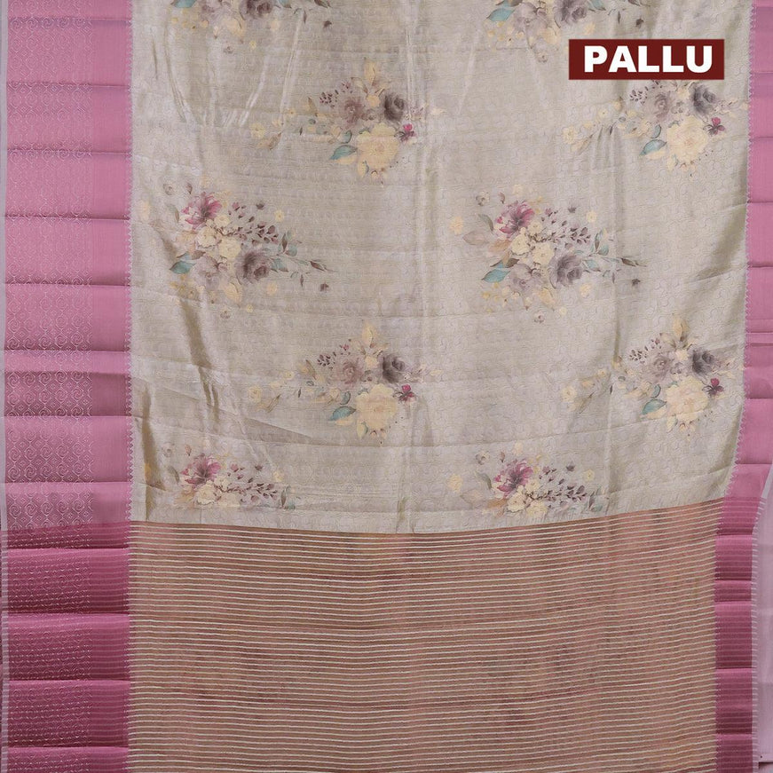 Semi tussar saree pastel grey shade with allover self emboss & floral digital prints and pink zari woven border - {{ collection.title }} by Prashanti Sarees