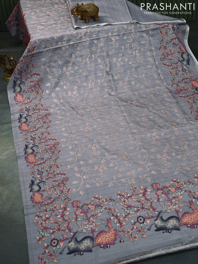 Semi tussar saree pastel grey with allover leaf & floral embroidery sequin work and digital printed border - {{ collection.title }} by Prashanti Sarees