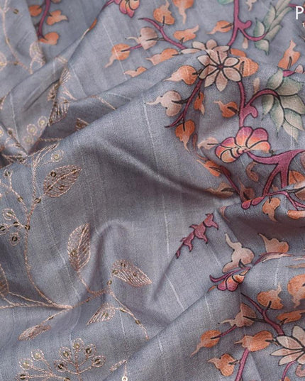 Semi tussar saree pastel grey with allover leaf & floral embroidery sequin work and digital printed border - {{ collection.title }} by Prashanti Sarees
