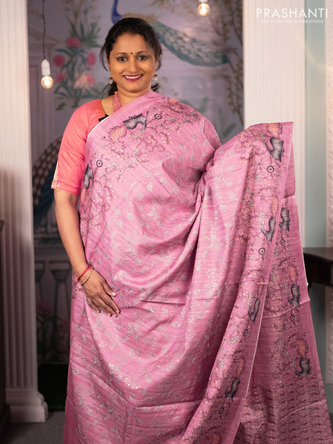 Semi tussar saree pastel pink with allover leaf & floral embroidery sequin work and digital printed border - {{ collection.title }} by Prashanti Sarees