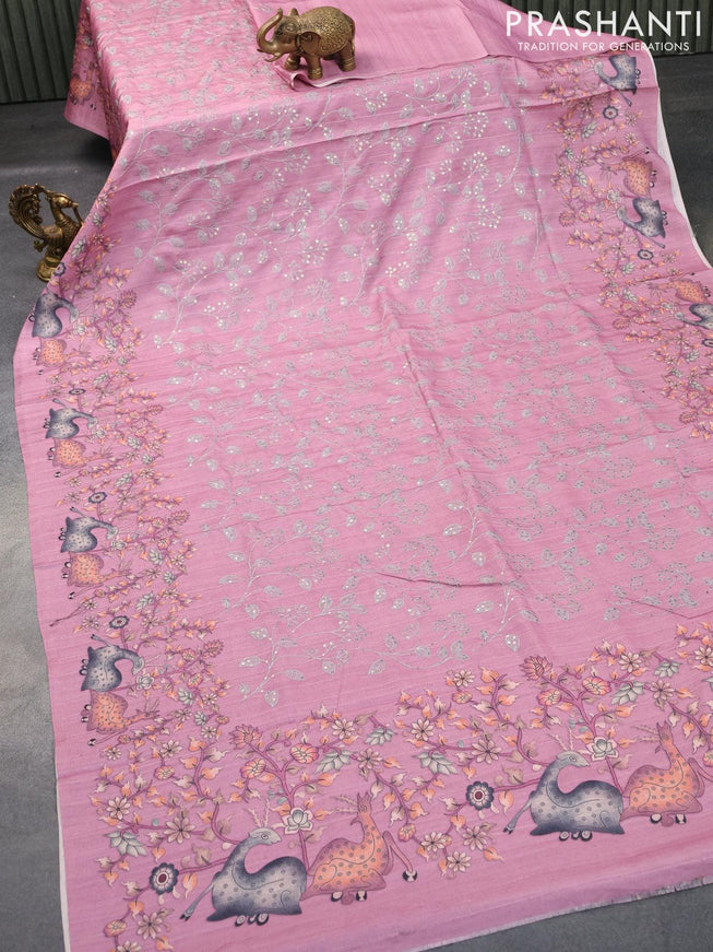 Semi tussar saree pastel pink with allover leaf & floral embroidery sequin work and digital printed border - {{ collection.title }} by Prashanti Sarees