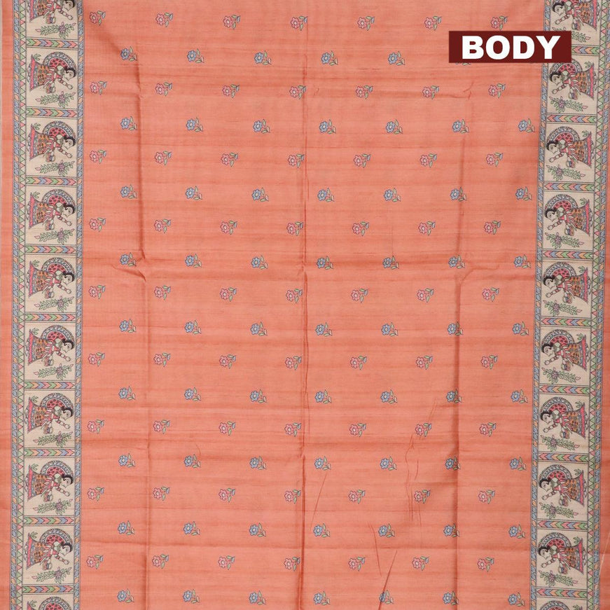 Semi tussar saree peach and beige with madhubani butta prints and madhubani printed border - {{ collection.title }} by Prashanti Sarees