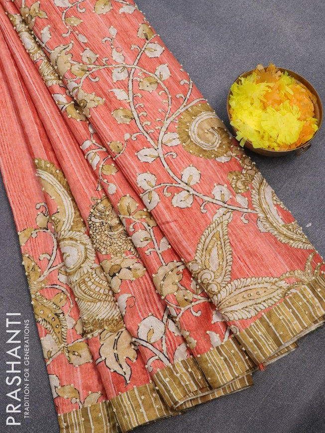 Semi tussar saree peach orange and elaichi green with kalamkari prints & french knot work and simple border - {{ collection.title }} by Prashanti Sarees