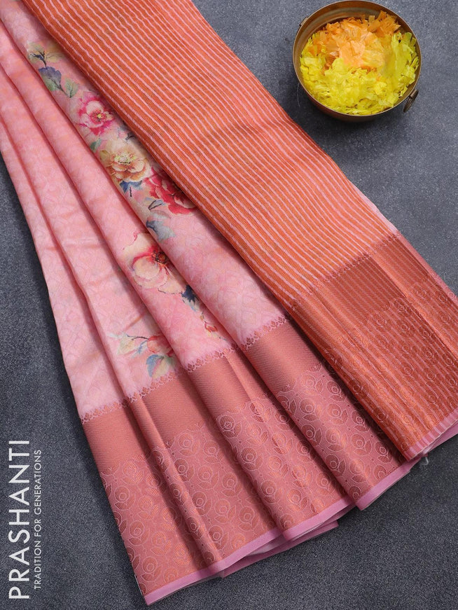 Semi tussar saree peach orange and light pink with allover self emboss & floral digital prints and copper zari woven border - {{ collection.title }} by Prashanti Sarees