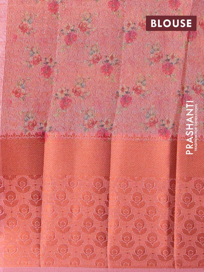 Semi tussar saree peach orange and light pink with allover self emboss & floral digital prints and copper zari woven border - {{ collection.title }} by Prashanti Sarees