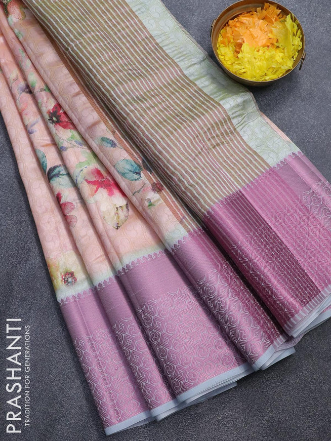 Semi tussar saree peach orange and pastel grey with allover self emboss & floral digital prints and pink zari woven border - {{ collection.title }} by Prashanti Sarees