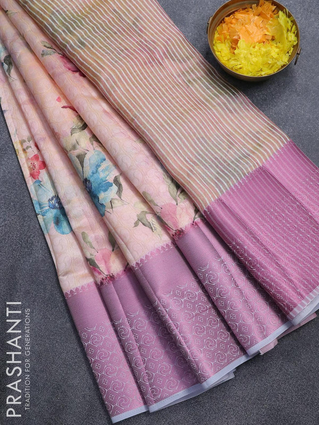Semi tussar saree peach orange and pastel grey with allover self emboss & floral digital prints and pink zari woven border - {{ collection.title }} by Prashanti Sarees