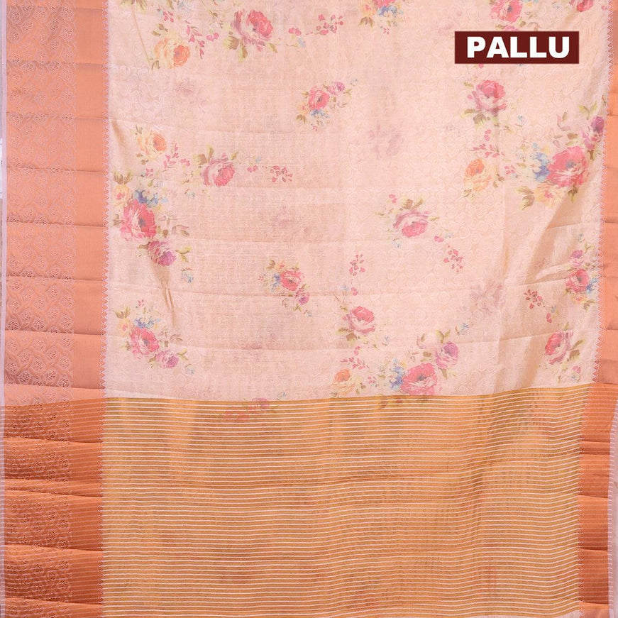 Semi tussar saree peach orange and pastel pink with allover self emboss & floral digital prints and copper zari woven border - {{ collection.title }} by Prashanti Sarees