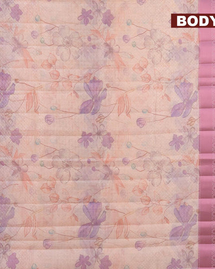 Semi tussar saree peach orange and pastel pink with allover self emboss & floral digital prints and pink zari woven border - {{ collection.title }} by Prashanti Sarees
