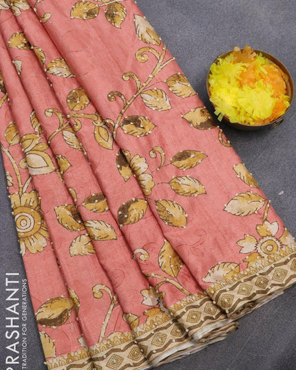 Semi tussar saree peach orange and sandal with kalamkari prints & french knot work and printed border - {{ collection.title }} by Prashanti Sarees