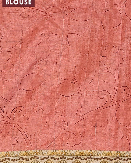 Semi tussar saree peach orange and sandal with kalamkari prints & french knot work and printed border - {{ collection.title }} by Prashanti Sarees