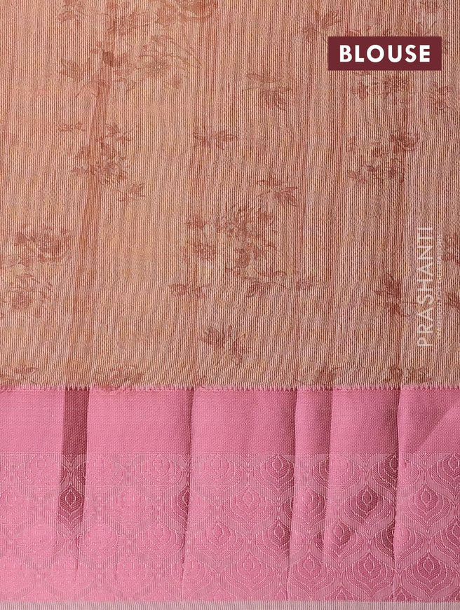 Semi tussar saree peach orange with allover self emboss & floral digital prints and pink zari woven border - {{ collection.title }} by Prashanti Sarees
