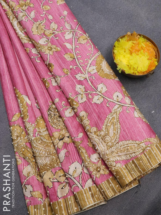 Semi tussar saree pink and elaichi green with kalamkari prints & french knot work and simple border - {{ collection.title }} by Prashanti Sarees