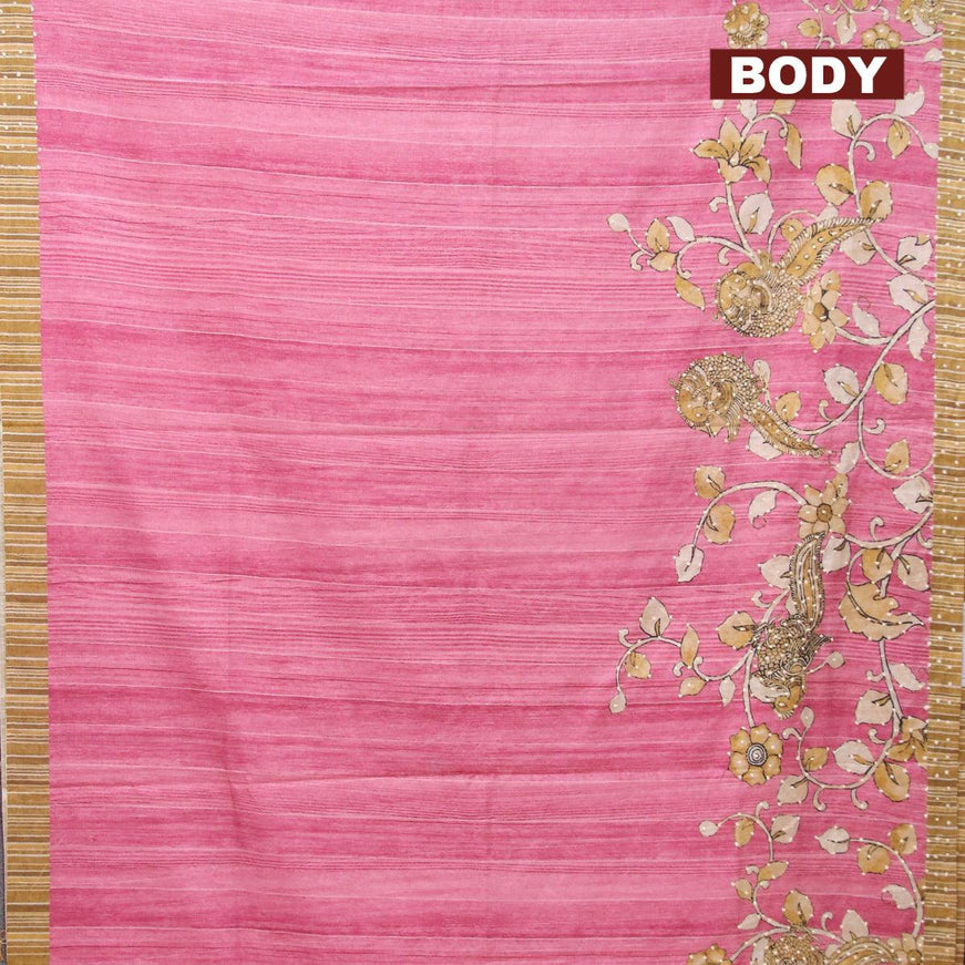 Semi tussar saree pink and elaichi green with kalamkari prints & french knot work and simple border - {{ collection.title }} by Prashanti Sarees